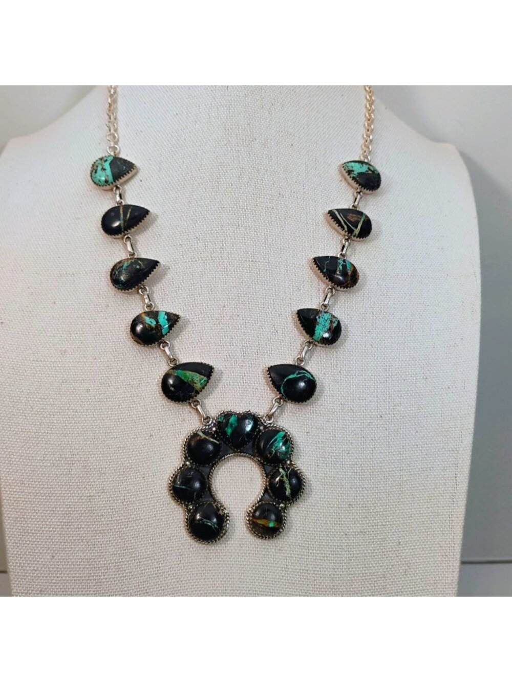 Southwest Sterling Silver Blackjack Turquoise Naja Squash Blossom Necklace